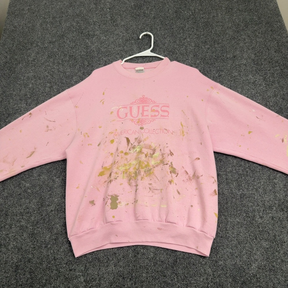 Vintage Guess Sweatshirt Unisex OS Pink Cotton Blend Paint Splatter Distressed